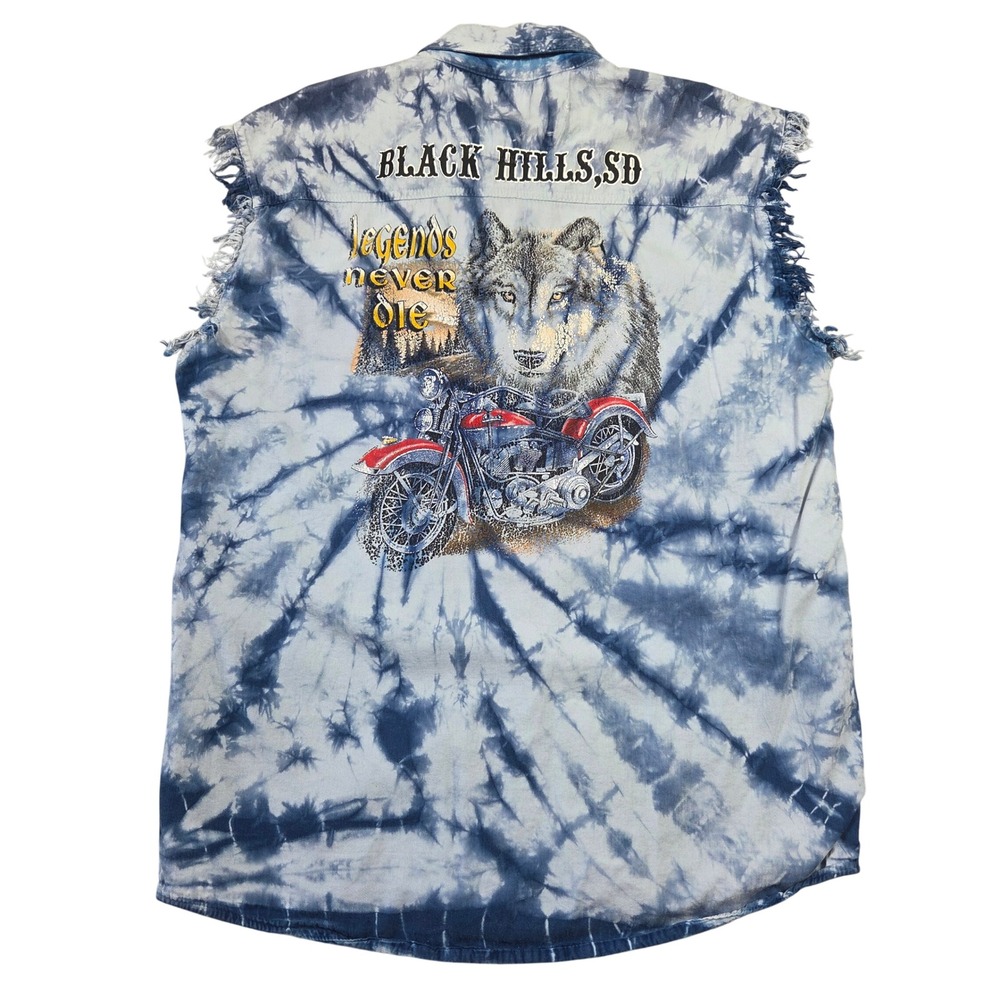 Biker Design Mens Tie Dye Sleeveless Denim Shirt Blue Wolf Graphic L Grunge Punk